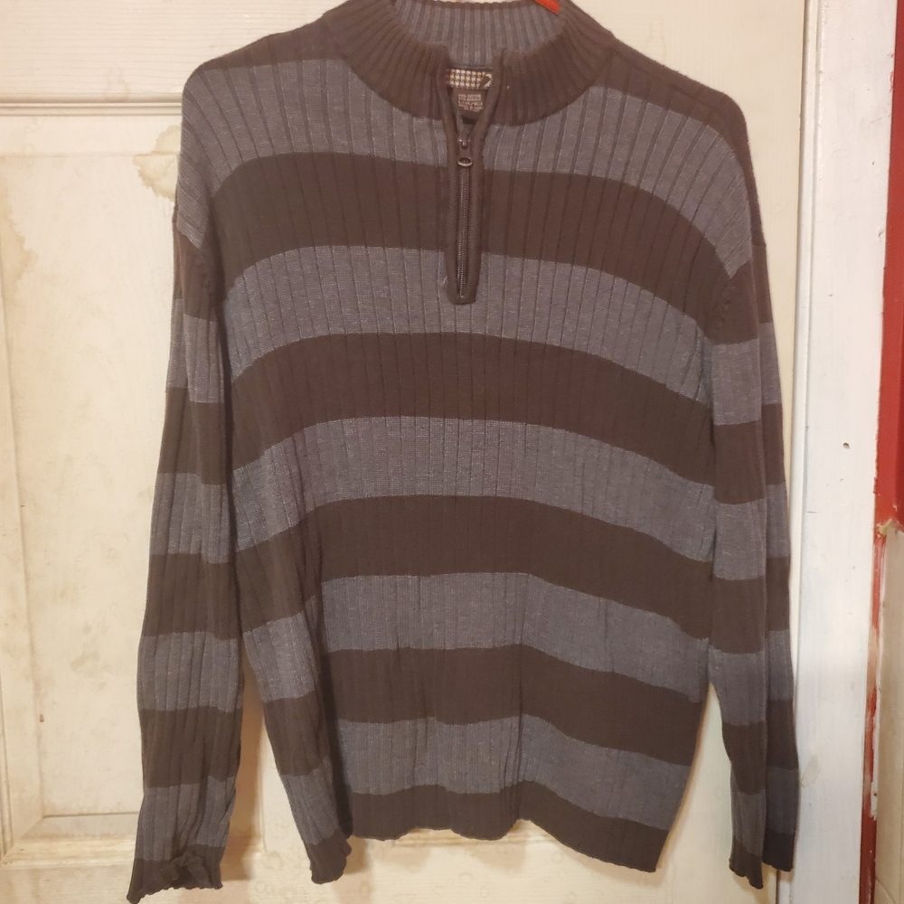 Men's Gray and Black Striped Zip-Up Sweater